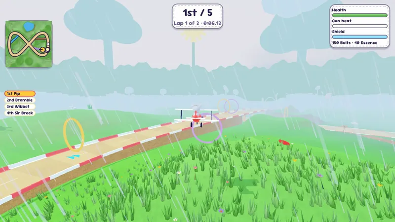 A biplane flying through air gates over the flowerbed, with the race display on screen