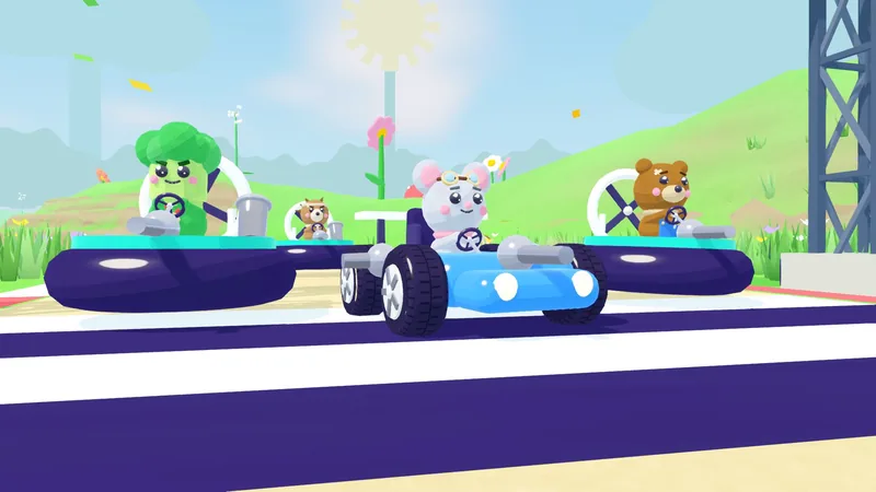 Karts and hovercraft lined up under the start lights